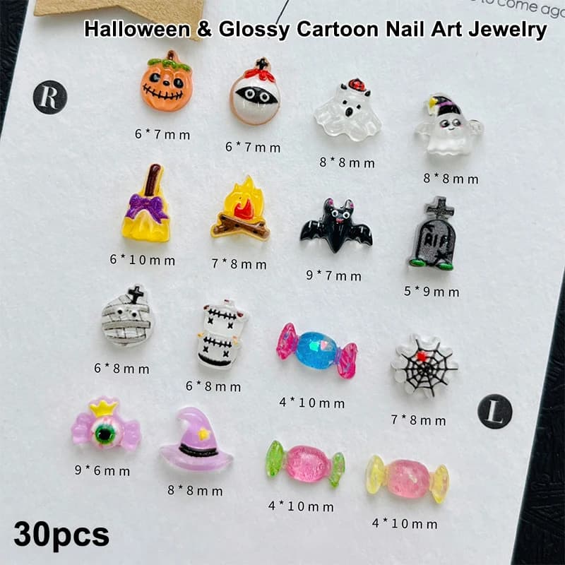 30 pz Halloween Nail Art Charm 3D Kawaii Zucca Fantasma Halloween Decorazioni in resina Cartoon Clown Mini Figurine Resina per unghie FAI DA TE