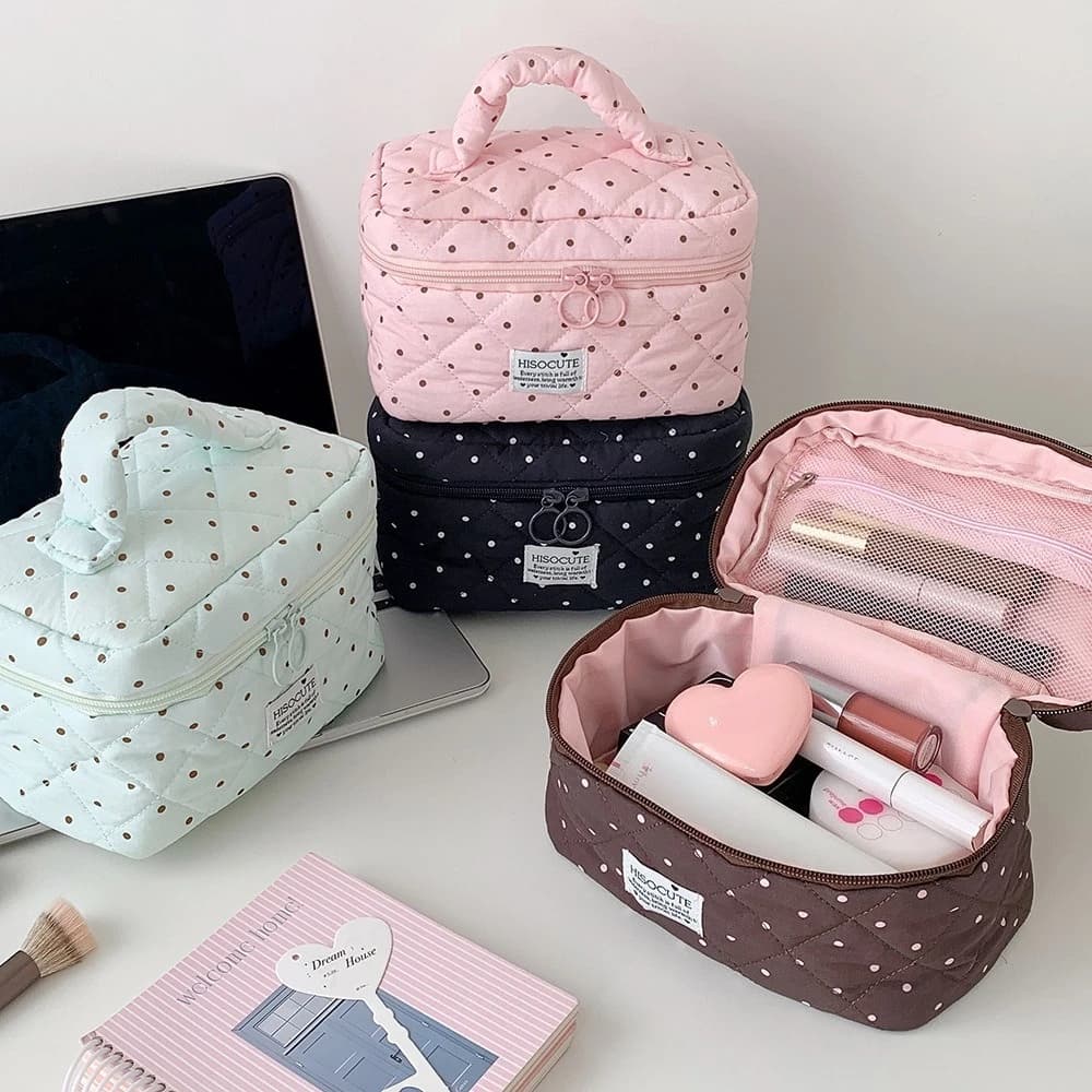 Korean Style Makeup Bag Polka Dot Cosmetic Bag Handheld Storage Pencil Pouch Travel Large Women Travel Wash Organizer Bag