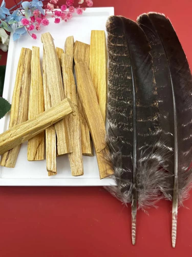 Bastoncini di incenso Palo Santo da 1 pezzo e piume di tacchino per fumatori di legno sacro, decorazioni per la casa e prodotti artigianali