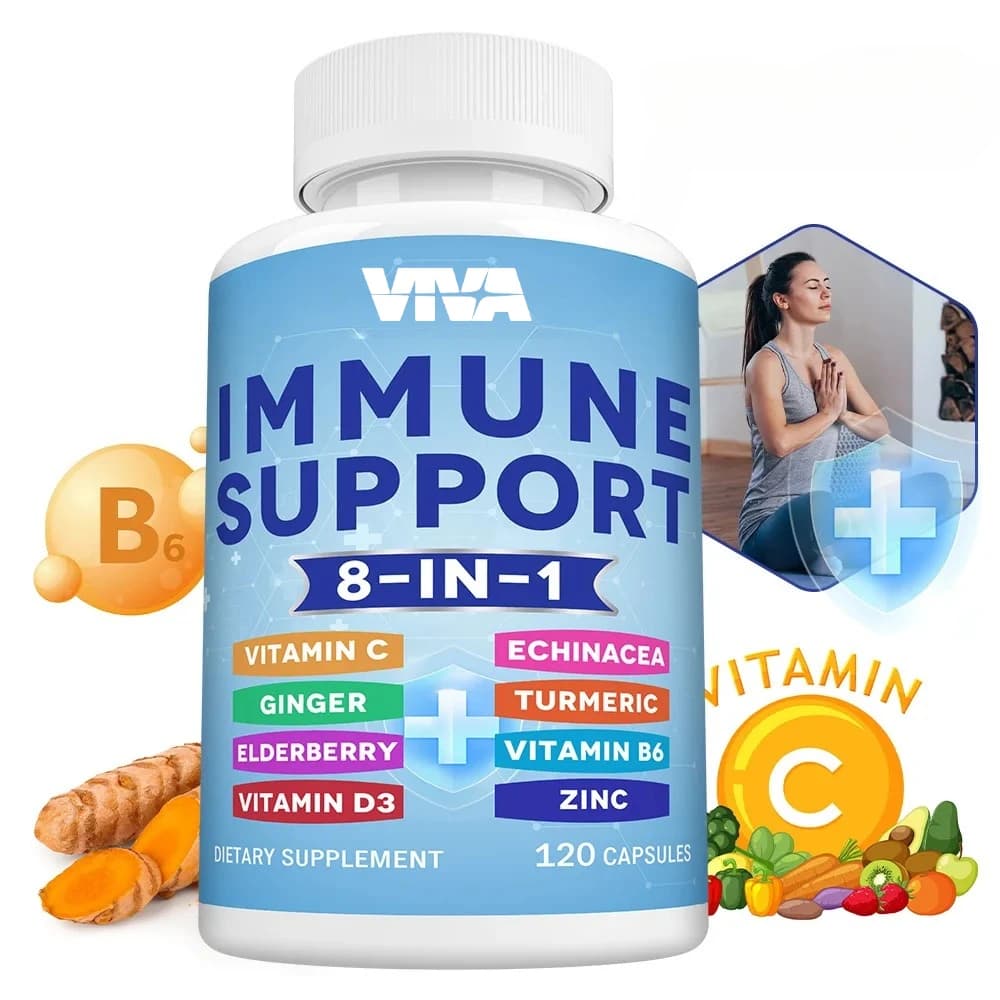 Immune support supplement 8 in 1 with elder, vitamin C and zinc, vitamin D 5000 UI, curcumin and ginger curcuma, B6, Echinacea