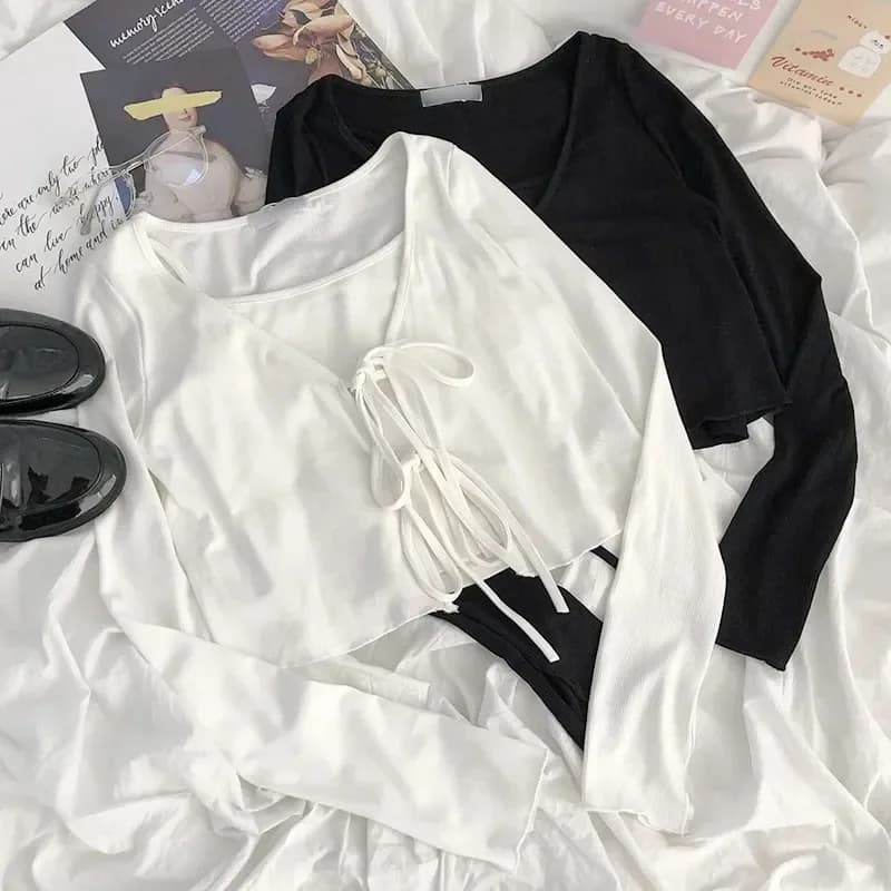 Cardigan da Donna ZHIO Nero e Bianco, Design Slim con Lacci, Top Corto Femminile Versatile, Cardigan Sottile a Maniche Lunghe in Maglia