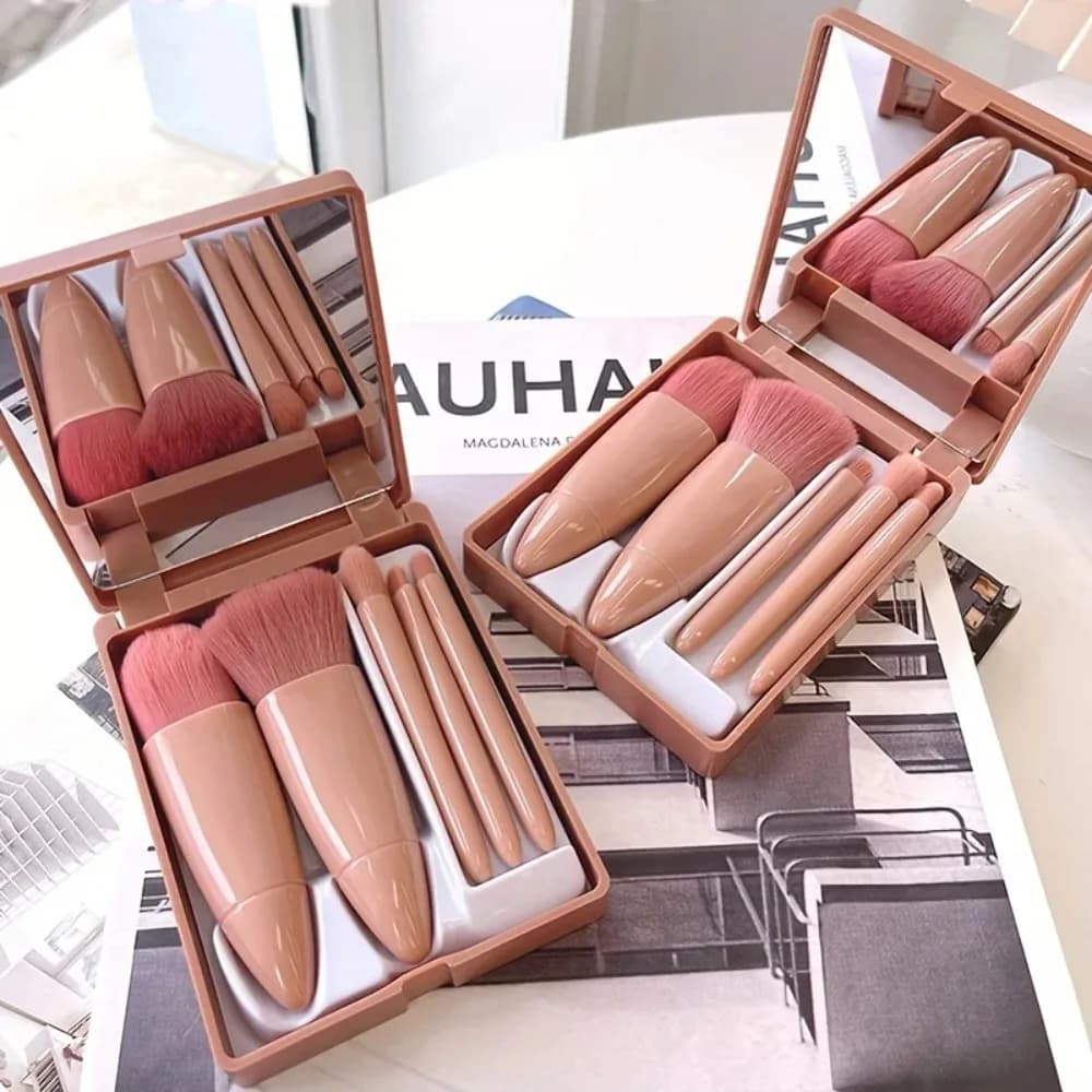 1 set of chic pink makeup brushes - Compact mirror, 5 soft and versatile bristles for foundation and fard