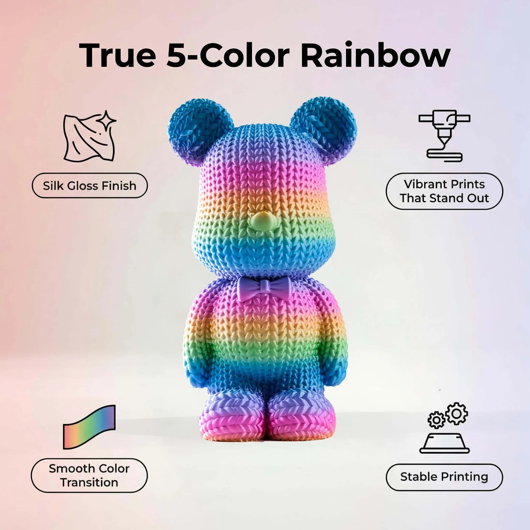 Filamento PLA RITTSUN 1kg Silk Rainbow 1.75mm (±0.02mm) – Gradiente a 5 colori, Cambio colore rapido (8m), Finitura lucida, Stampa fluida