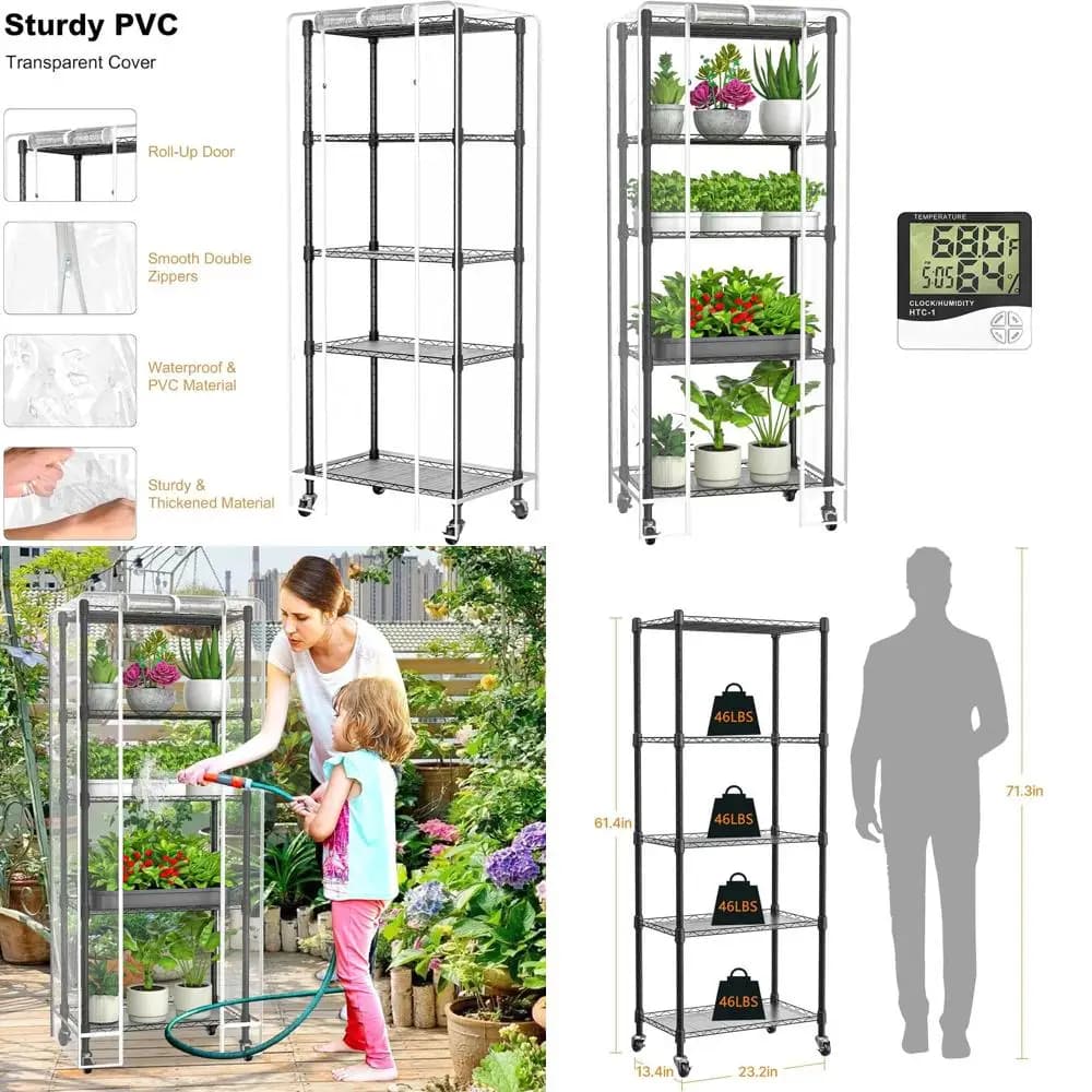 Door Lock 5 Levels, 23,2 L × 13,4 L × 61,4 A, Transparent PVC cover, Metal shelves for Growing Vegetables, Flowers and Semenzali
