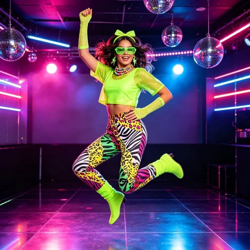 Girls Aged 14 and Above Shiny Retro 80s Sportswear Shiny Fashion Set, Paired with Disco Dance Carnival Theme Party Dress Up