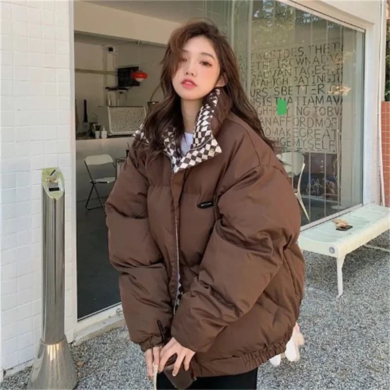 Giacca in cotone scozzese a scacchiera per donna 2023 inverno New Sen Style Down Bun Jacket ins versione coreana cappotto in cotone sciolto Trend