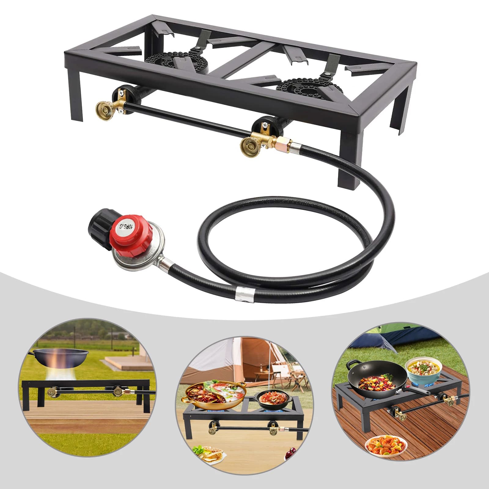 Portable double propane gas burner with hose adjustable from 0-10 psi, suitable for outdoor cooking, camping on terrace and barbecue
