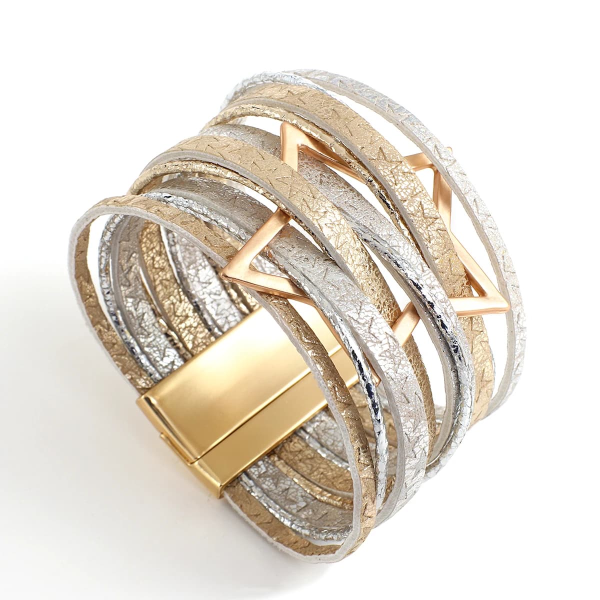 Amorcome Bracciale avvolgente in pelle con motivo a stelle fatto a mano Braccialetti con polsino con ciondoli in metallo grande multistrato Regalo di gioielli con chiusura magnetica Boho