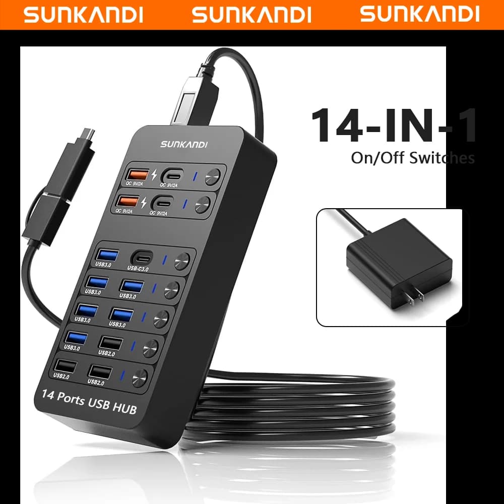 SUNKANDI Hub USB alimentato 14 in 1, hub dati USB LED On/Off individuale USB 3.0, USB 2.0, ricarica USB-A/C per computer portatile