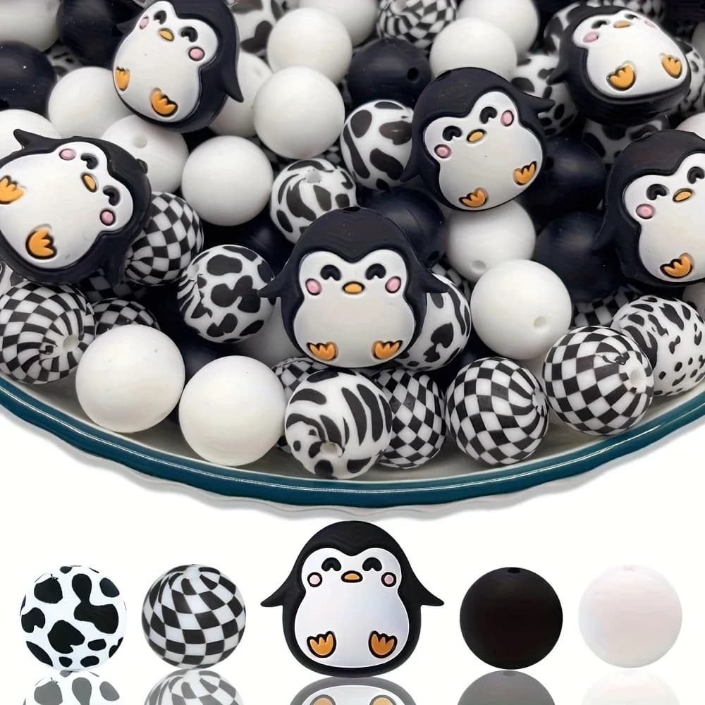 Set di 25 perle in silicone con pinguino/animale, perfette per l'artigianato fatto a mano fai-da-te come portachiavi, collane, bracciali, ecc.