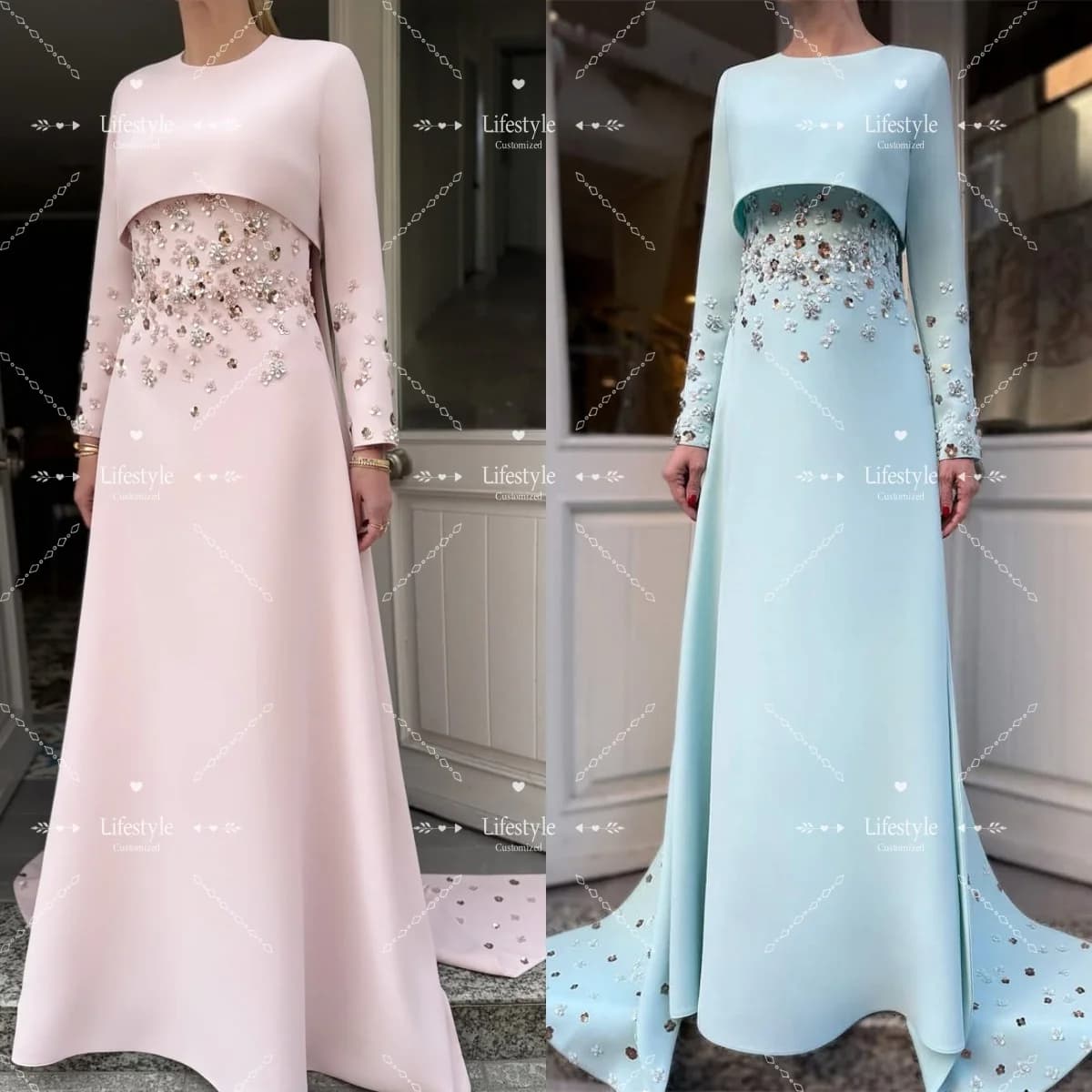 Elegant evening dresses with sequins and beads with custom round collar Wedding dress with rhinestone on the back Long sleeve formal dress