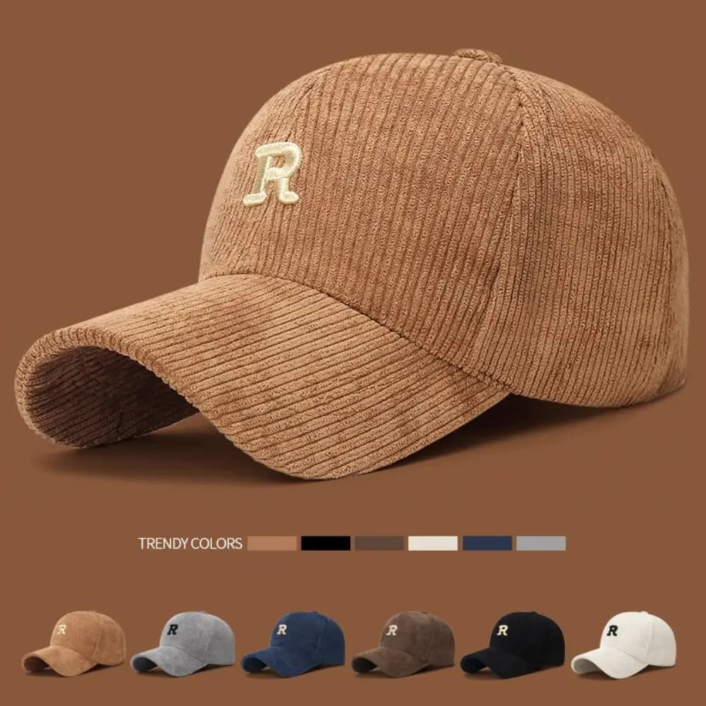 Embroidered 'R' Letter Corduroy Baseball Cap Breathable Casual Peaked Cap Adjustable Solid Color Sunscreen Hat Autumn Winter