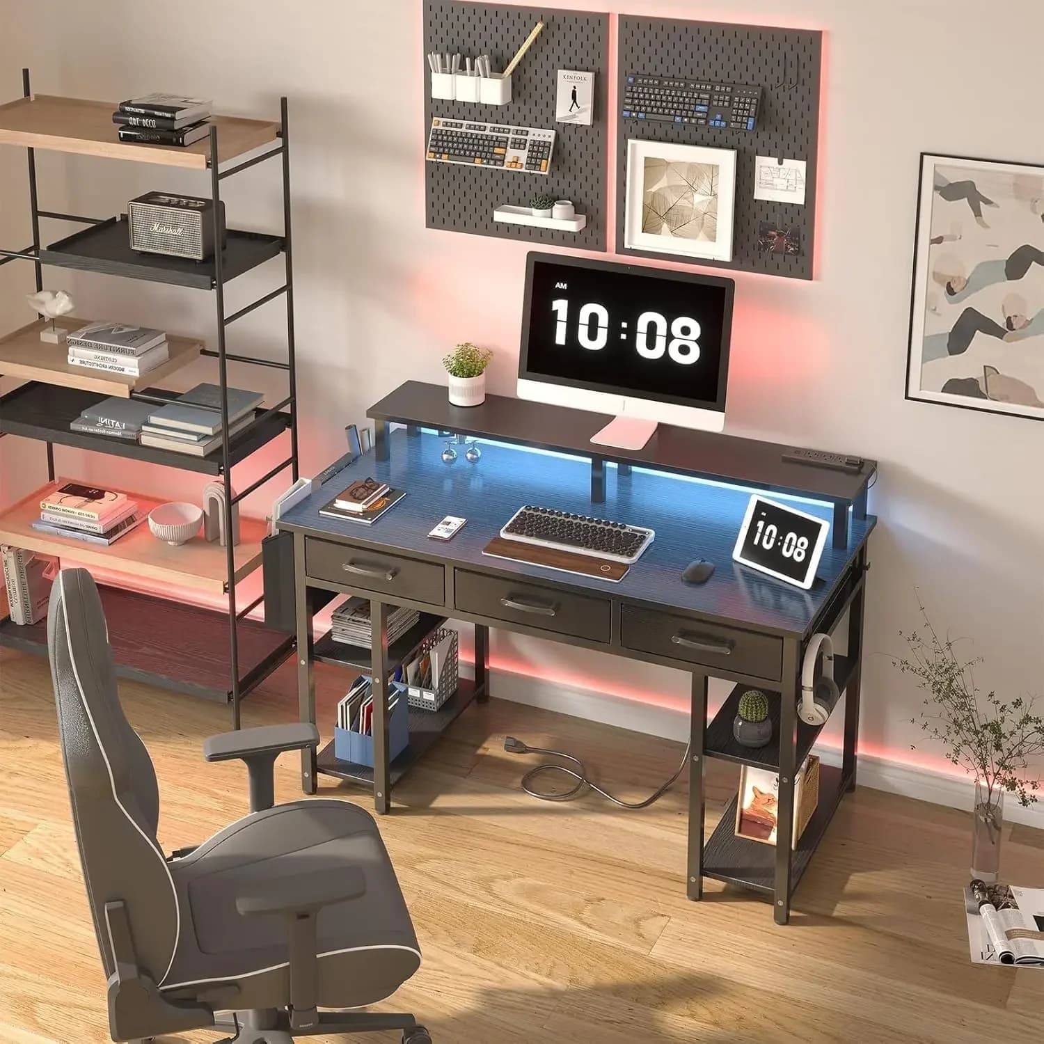 Gaming desk with LED lights and current sockets, Office desk from 47 Inches with Monitor and shelves support, Studio and Computer Desk