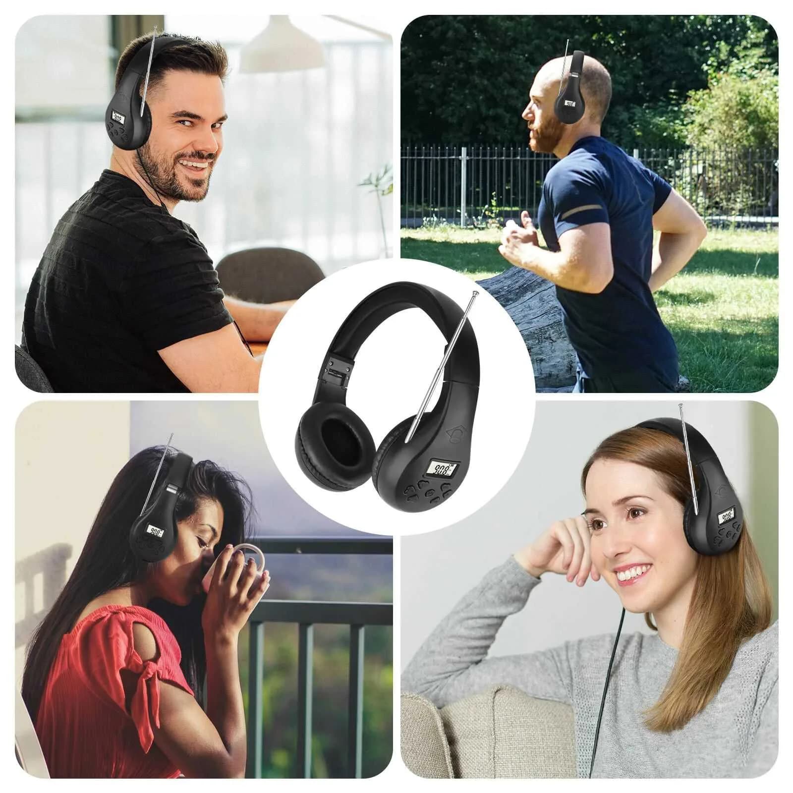 Portable FM radio headphones with automatic scanning, storing a preset station, AUX support, light and foldable headphones for outdoor jogging
