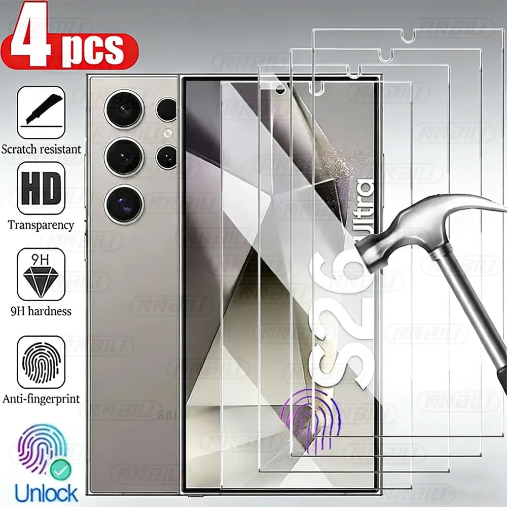 NNBILI 4PCS Full Cover Tempered Glass for Samsung Galaxy S26 Ultra S24 S25 Plus Screen Protector with fingerprint HD Protective Glass