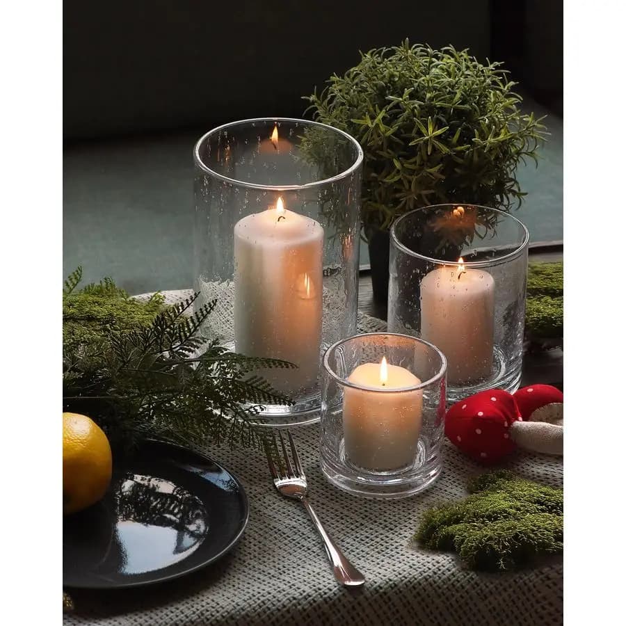 Set of Hurricane Glass Candle Holder, Transparent Cylinder Vases with Bubbles, Modern Rustic Centerpiece, 3 Pieces
