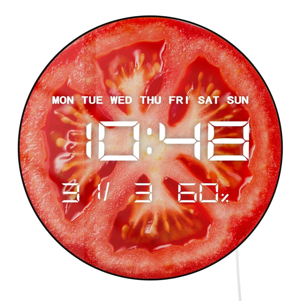Printed kitchen wall clock with tomato slice with large LED numeric display Vegetarian electronic wall clock Foodie Art Home Decor