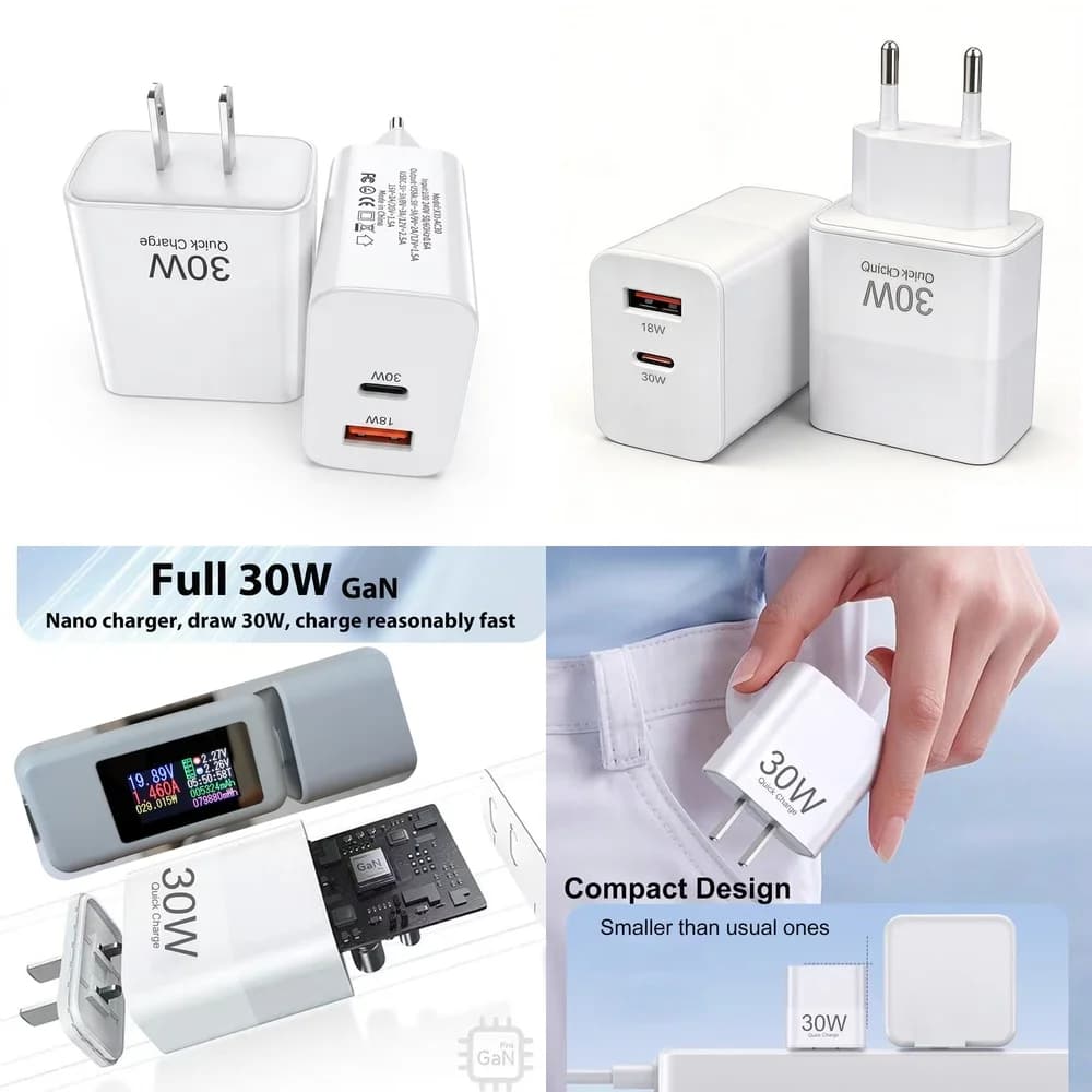 30W PD QC Fast Charger Compact EU US Plug Dual Port Charging Block for iPhone 17 16 15 Pro Max Samsung S26 S25 S24 Ultra Google