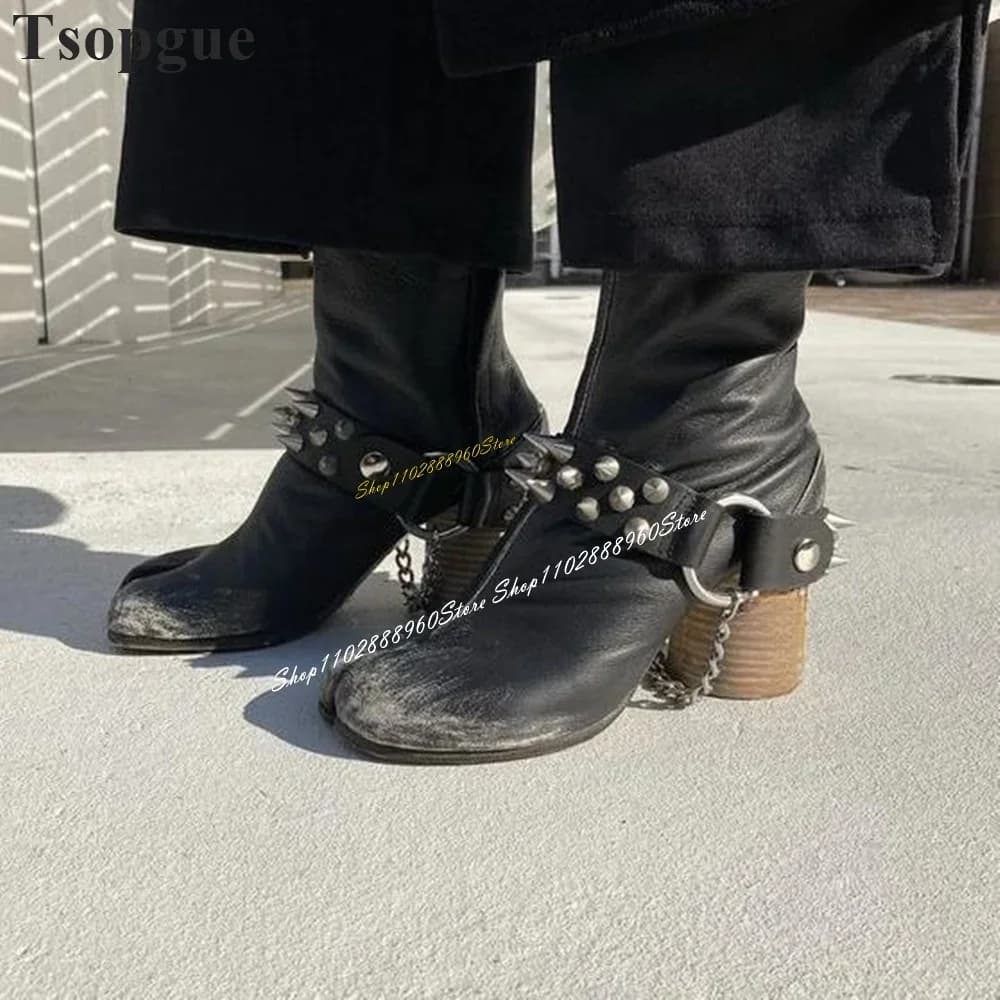 Alla moda Nero Cinturino A Catena di Metallo Tabi Stivaletti Grosso Scarpe Tacco Alto Per Le Donne Split Toe 2024 Alla Moda Zapatos Para Mujere