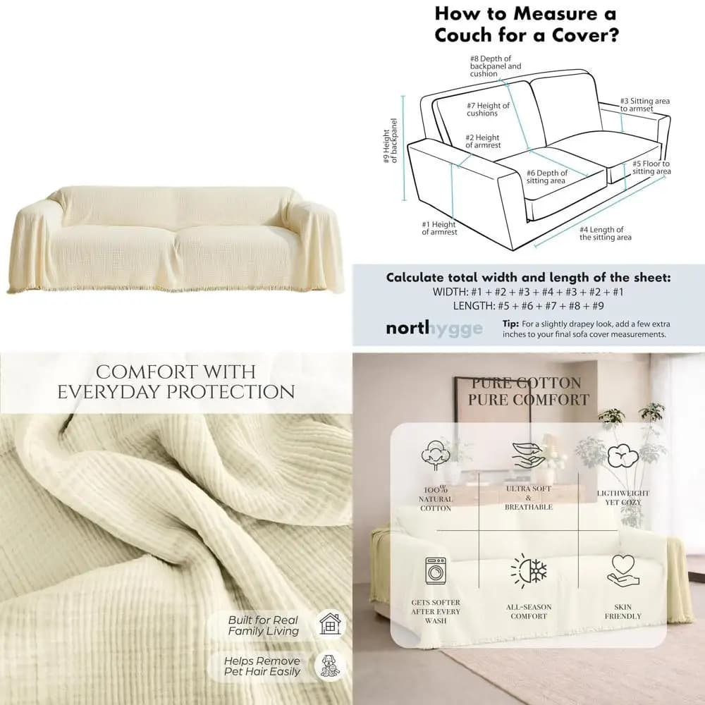 Oversize cover in 100% Natural Cotton, Washable, in 4 Layers for Large, Comable or L sofas (Crema, 91x165/230x420 cm)