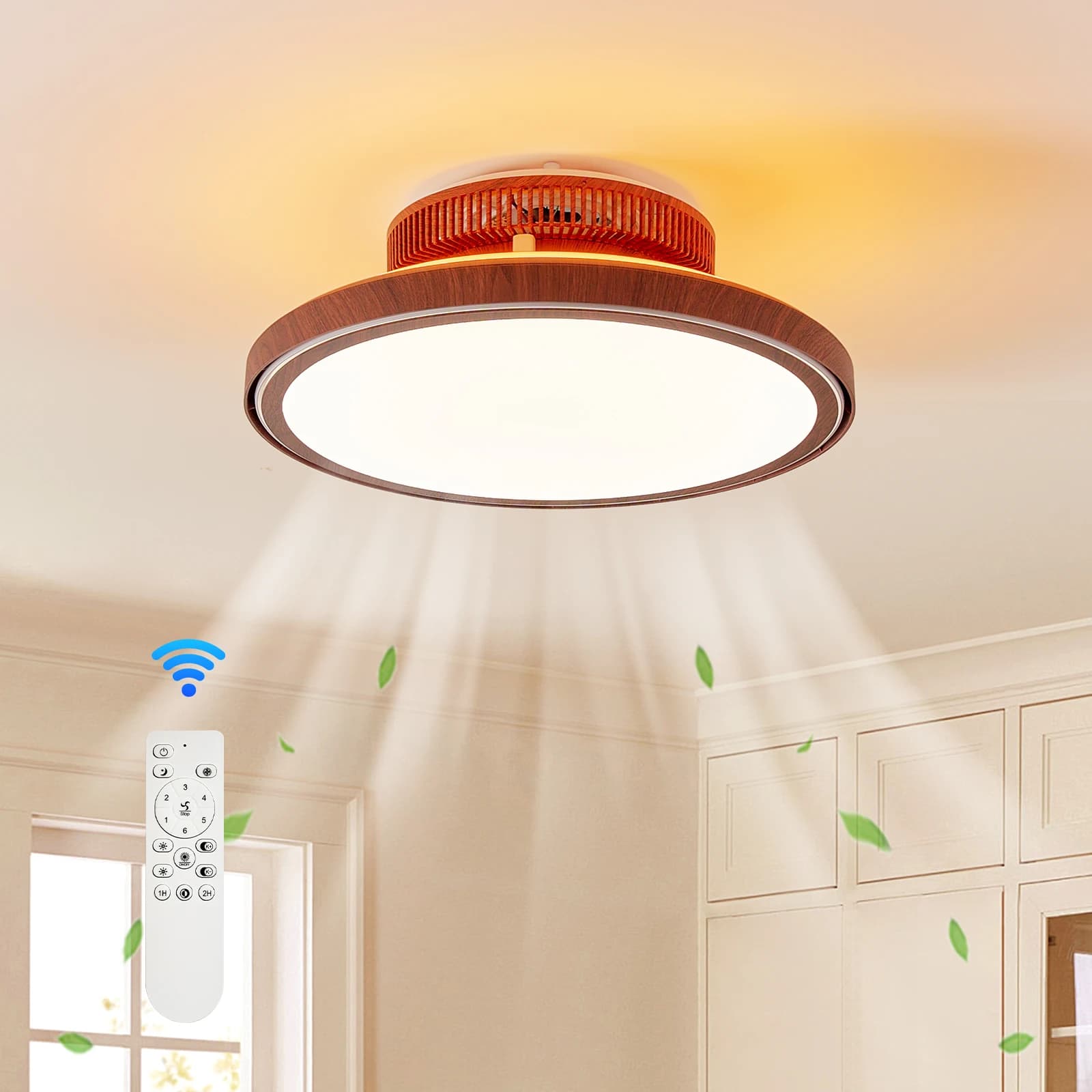 Ventilatore da soffitto incorporato Farmhouse da 18" con luce e telecomando Ventilatore LED Chanelier dimmerabile chiuso con venature del legno per camera da letto