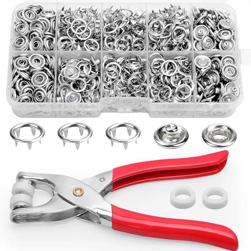 Kit di Bottoni a Pressione in Metallo da 9,5mm - 100 Set di Bottoni Cavi Argento per Tessuti con Pinze, Bottoni a Pressione per Cucito e Fai-da-Te