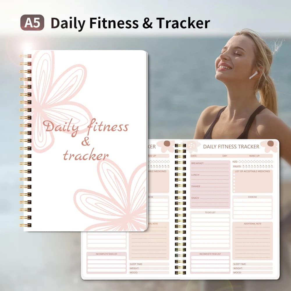 Notebook A5 Daily Fitness & Diet Tracker A5 Planner a spirale Esercizio di presa d'acqua Lista delle cose da fare Diario sano