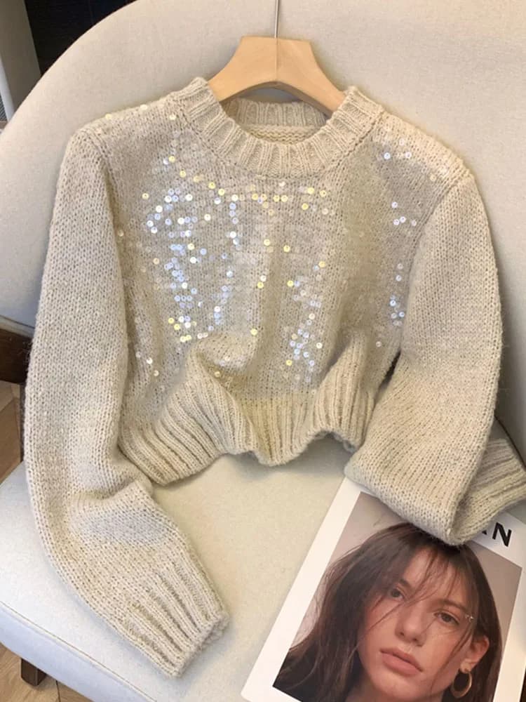 Fashion Sequins Sparkly Pullovers Classical Knitted Sweater Vintage Long Sleeve Chic Streetwear Autumn Winter French Elegance