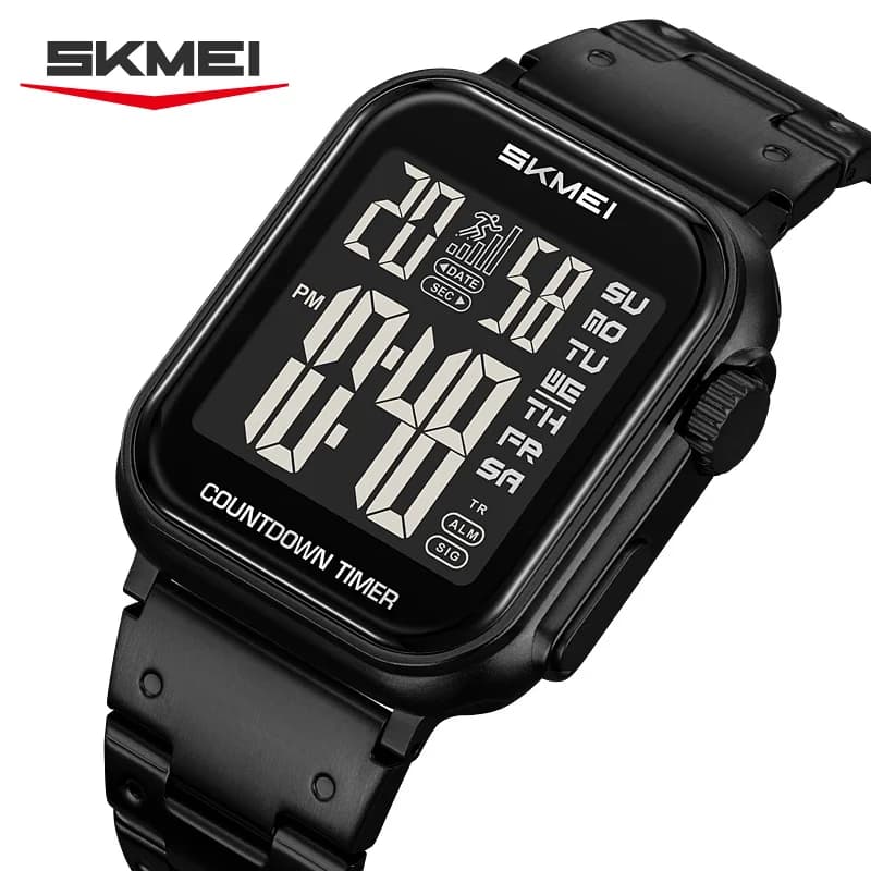 SKMEI 2447 Orologio con movimento elettronico con orologio digitale da uomo di lusso con conto alla rovescia in acciaio inossidabile, cronometro alla moda