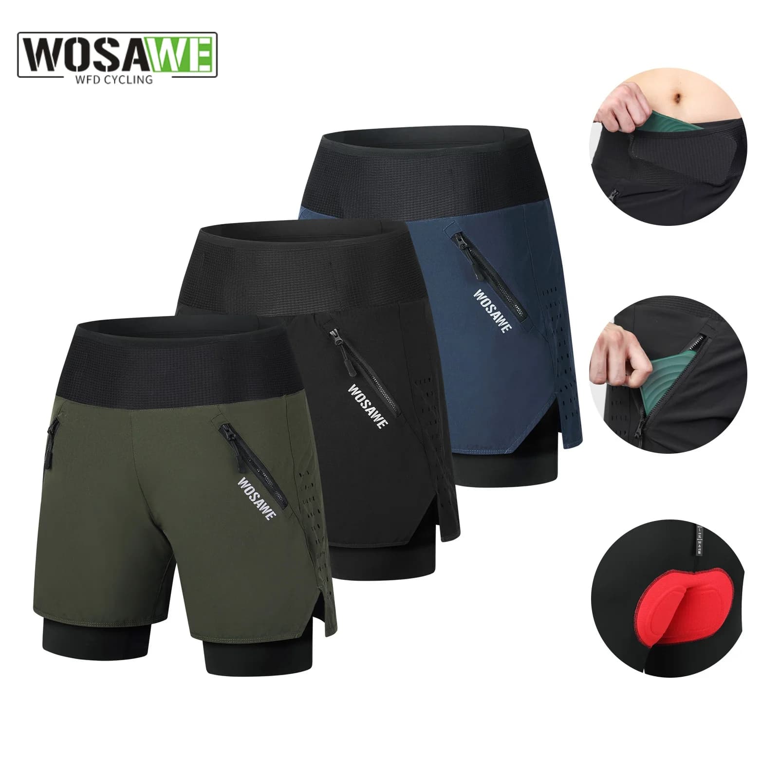 WOSAWE Men's MTB Shorts 2 in 1 Quick Drying Running Shorts Cycling Shorts for Double Layer Breathable Multi Layer Bike