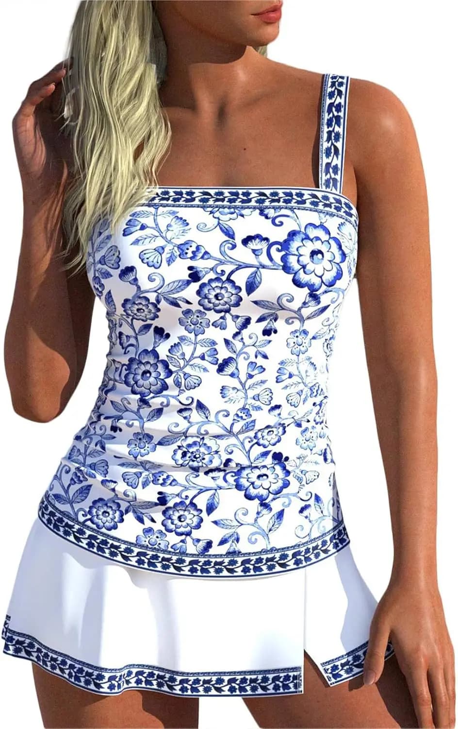 Women's tankini swimsuits with belly control, two-piece curled costumes, swimsuit with floral print and skirt