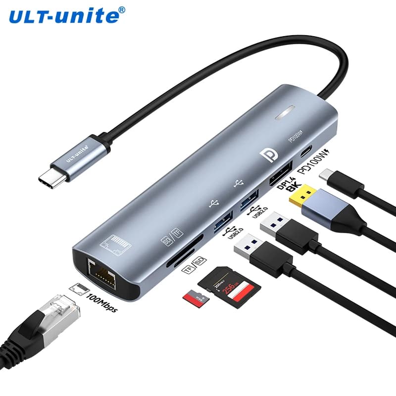 HUB di tipo C con Displayport 1.4,PD100W, Ethernet 100Mbps, multiporta SD/TF Adattatore dongle per docking station da USB a DP 7 in 1