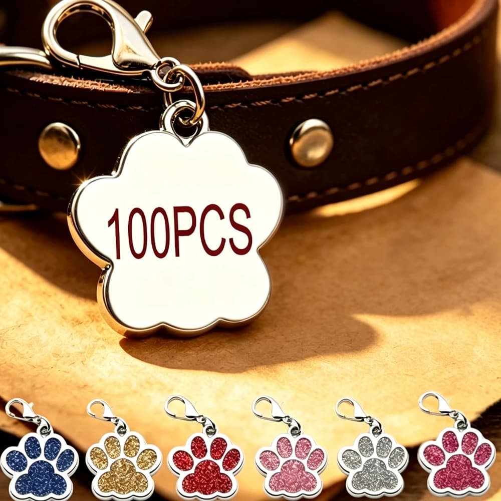 100Pcs Glitter Paw Pet ID Tag Metal Dog Cat Collar Name Tag with Lobster Clasp Pet Identification Tag Pendant Pet Accessory