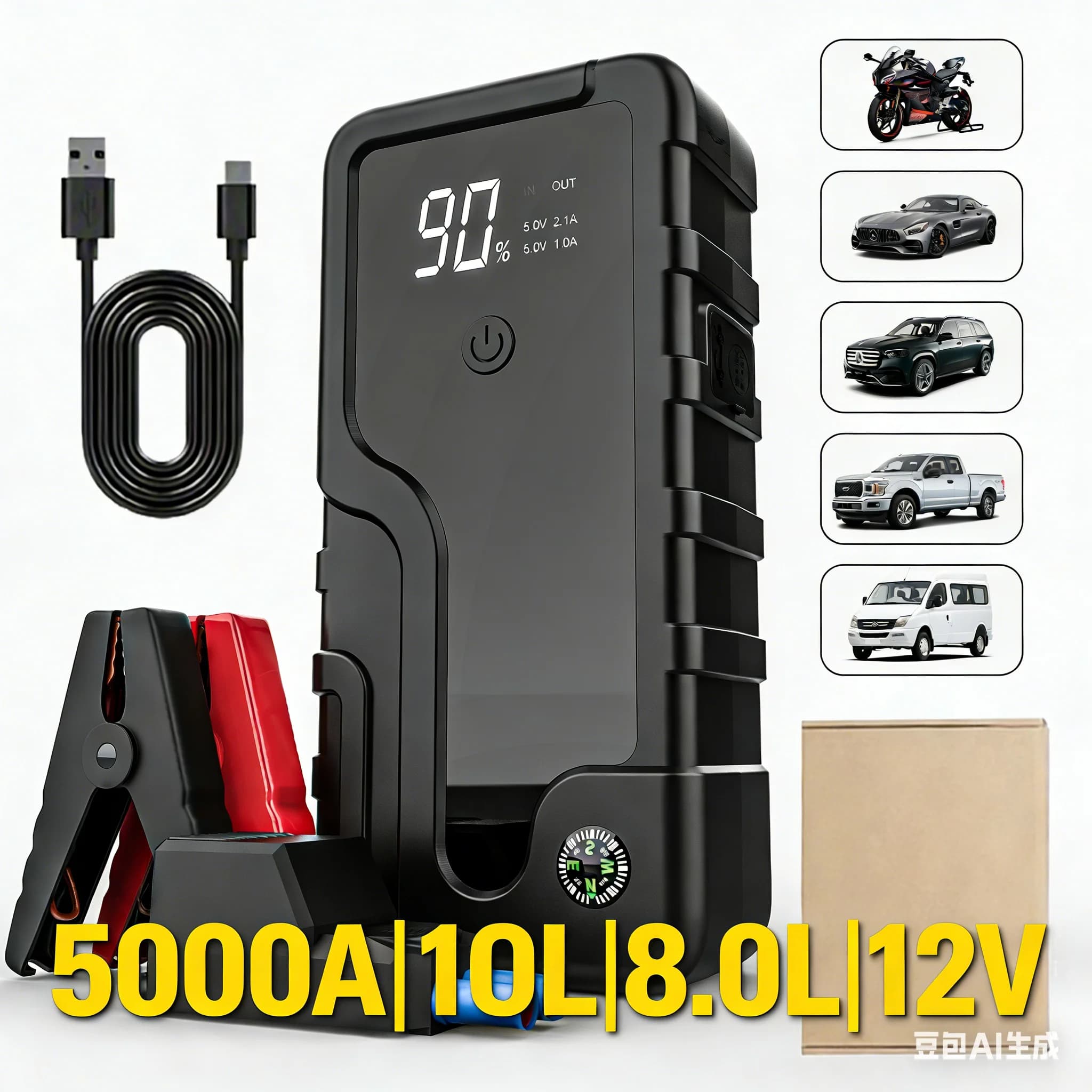 Avviatore d'emergenza portatile per auto 5000A, compressore d'aria e caricabatterie rapido QC3.0, luce di emergenza a LED per camion, furgoni e moto.