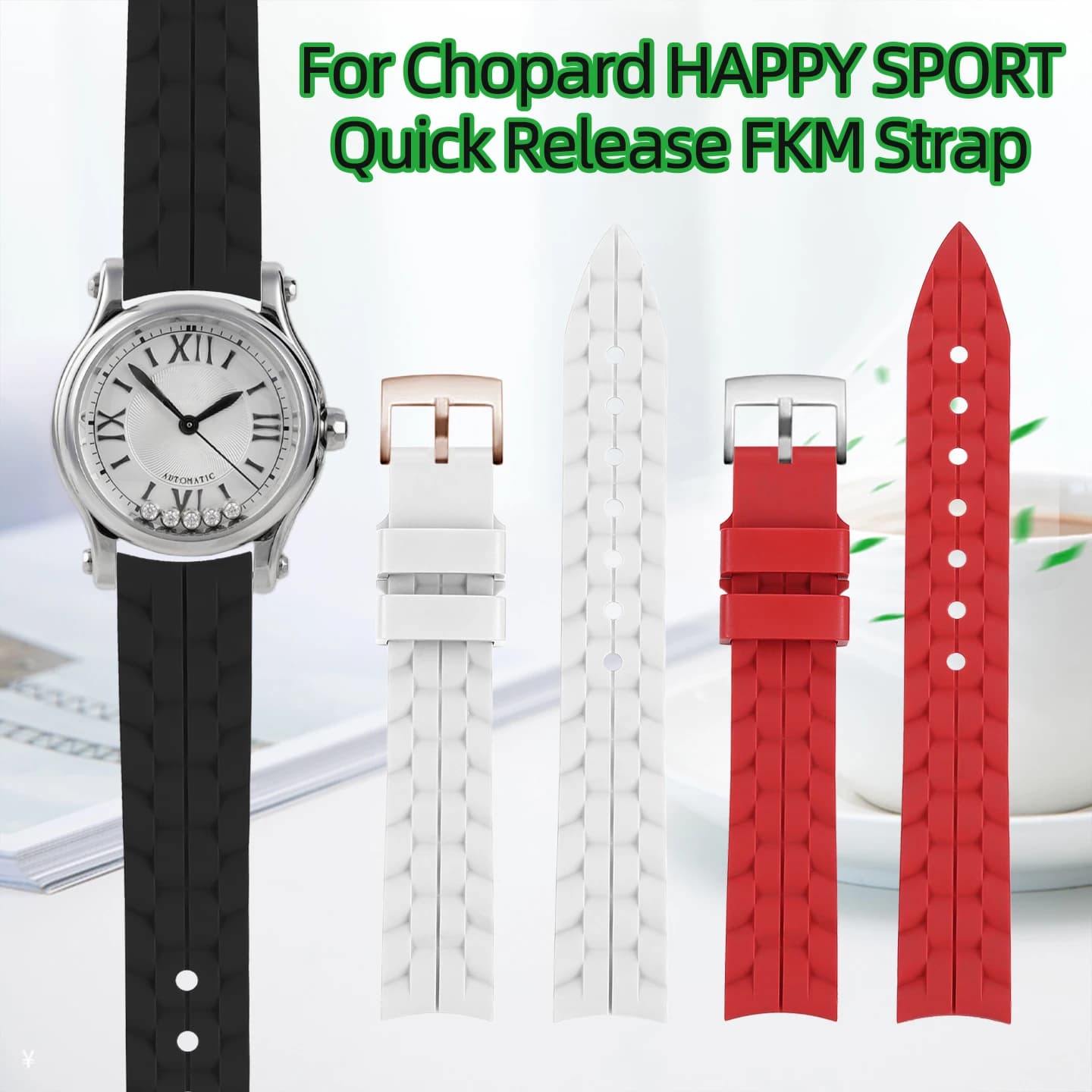 Cinturino per Orologio in Fluororubber per Chopard HAPPY SPORT DIAMONDS 275378, Cinturino a Sgancio Rapido FKM da 15mm 18mm per Donna