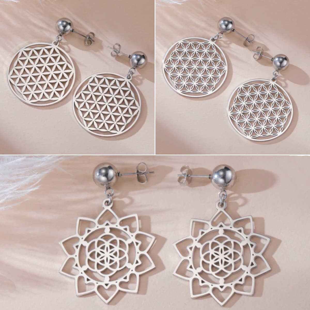 LIKGREAT Button Earrings with Life Flower for Women Round Stainless Steel Earrings Mandala Geometria sacra Seme della vita Jewelry Gift