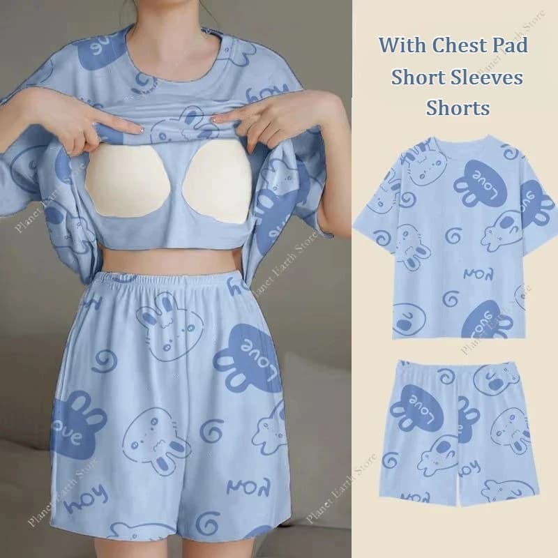 Pigiama da donna estivo da 2 pezzi/set - Top corti e pantaloncini con imbottitura sul petto Pigiama da donna con stampa per dormitorio studentesco