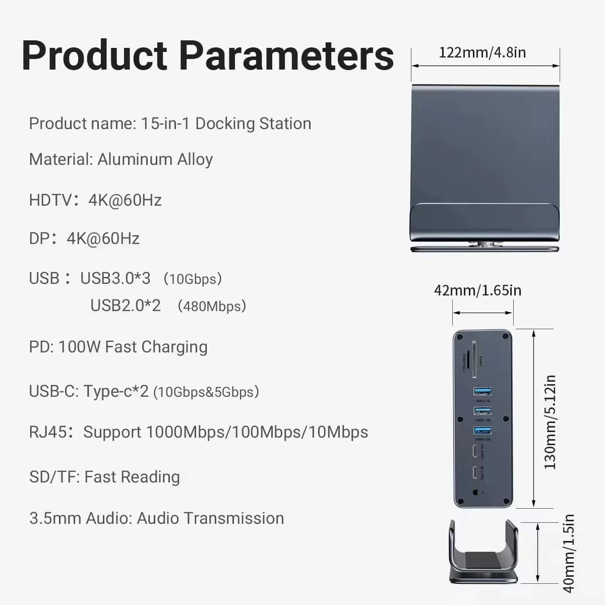 Type C Docking Station 15 in 1 Hub 4K60Hz HD DisplayPort USB A RJ45 SD TF 35mm Audio Adapter for Macbook Pro Laptop PC