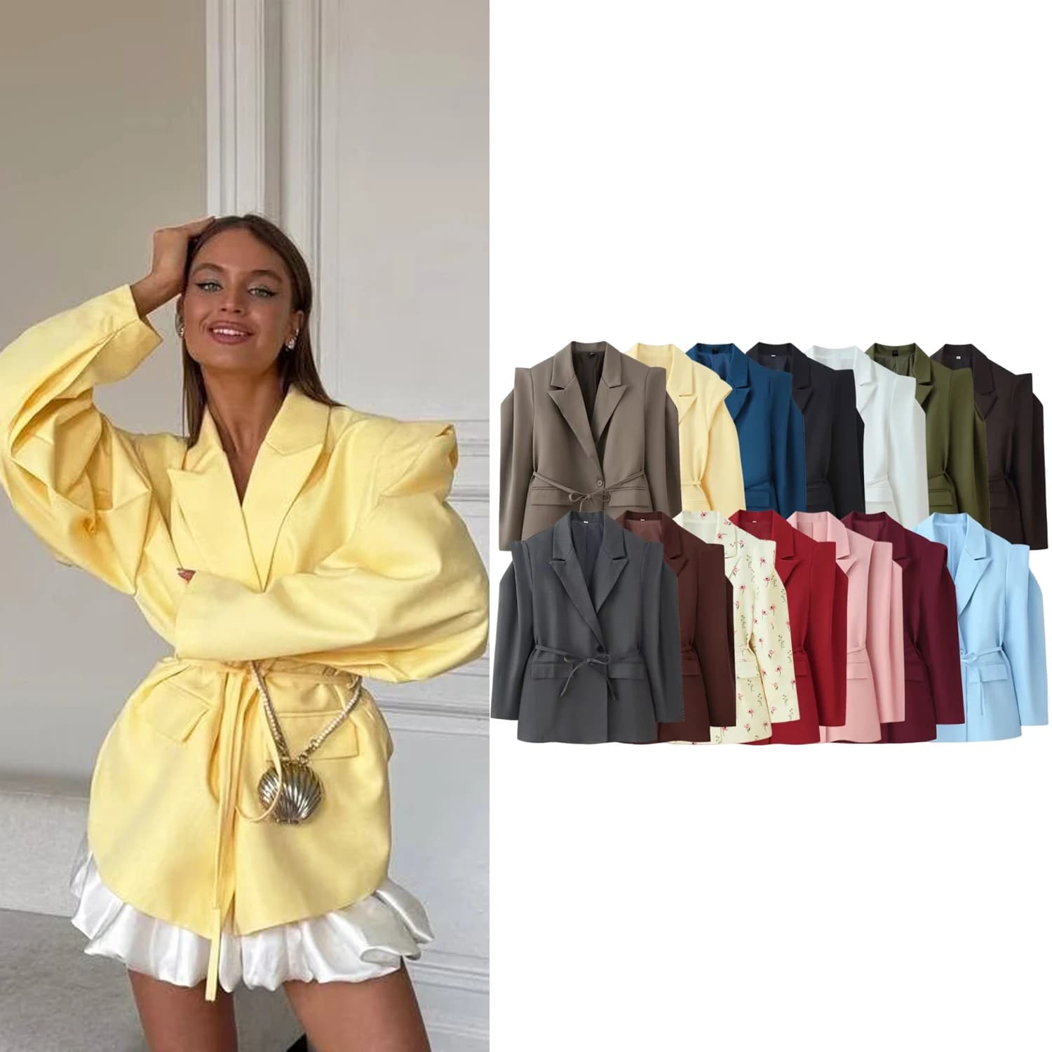 Giacca Blazer da Donna Colori Vivaci con Lacci, Tasche e Risvolto, Stile Casual e da Festa, Cappotto con Lacci, Streetwear