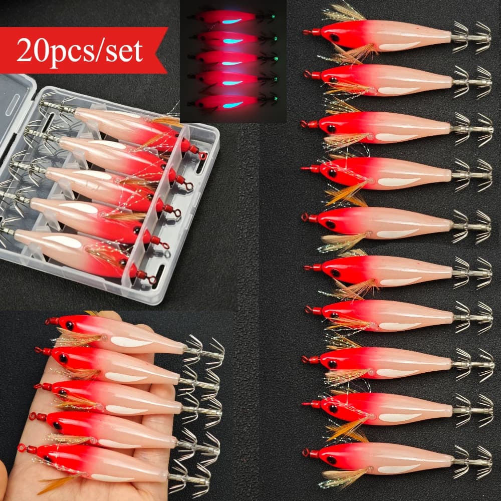 20pcs/set Shrimp Fishing Lure Luminous Horizontal Squid Jig Egi Set Glow in Dark Cuttlefish Octopus with Tackle Box