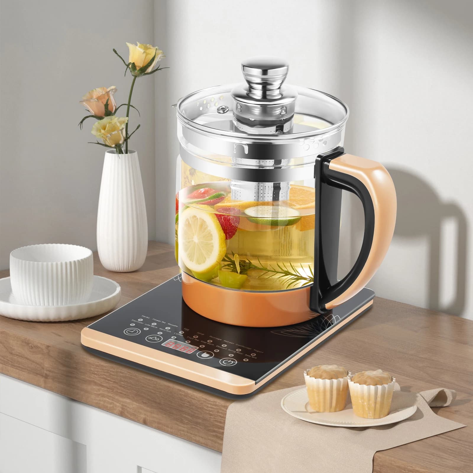 800W 1.8L Multifunctional Electric Glass Kettle, Health Pot Reservation & Timing Tea Infuser for Scented Tea Coffee Soup
