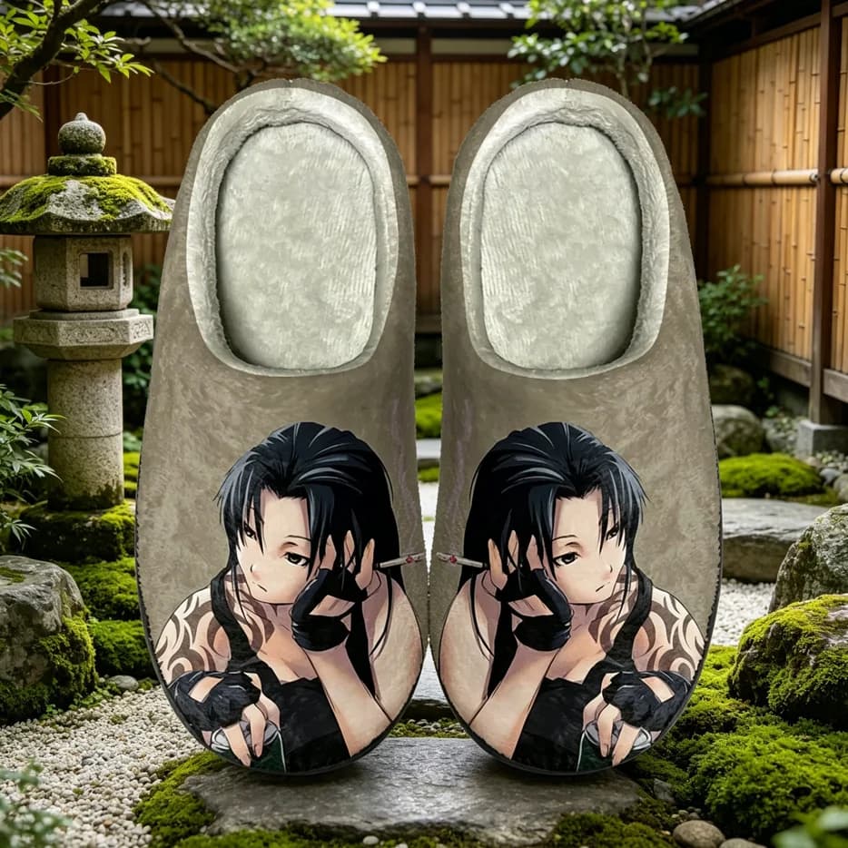 Pantofole da casa in cotone con stampa completa Anime Black Lagoon, interno in peluche soffice, antiurto, antiscivolo, calde per interni