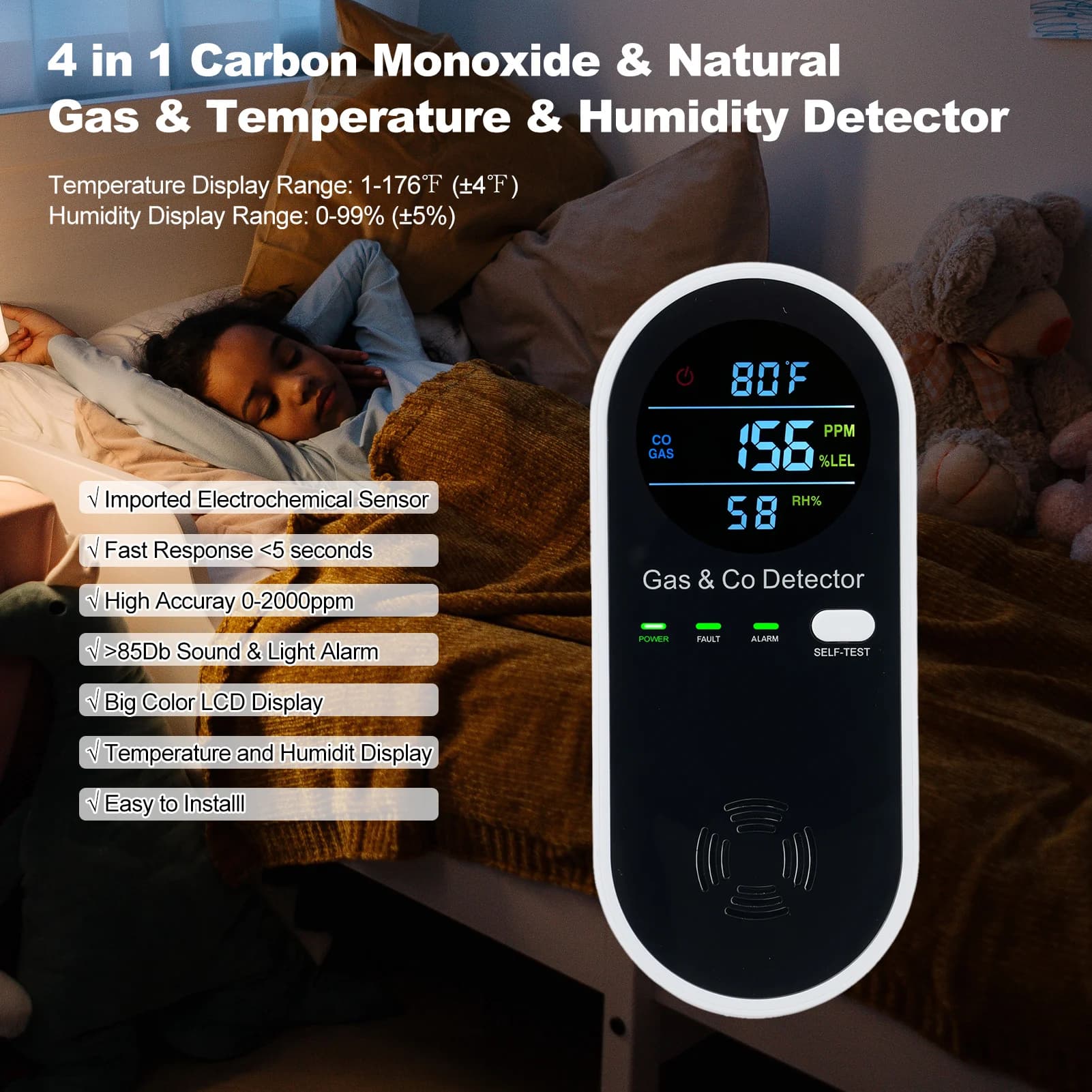 Allarme monitor CO 4 in 1 Rilevatore di monossido di carbonio LED e rilevatore combinato di gas naturale Rilevatori da parete plug-in CO e gas naturale