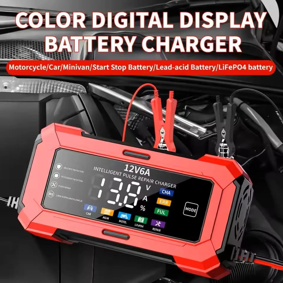 Caricabatteria per auto intelligente 6A 12V, display LCD, piombo-acido per auto moto, batteria start stop, AGM, EFB, GEL, utilizzo batteria