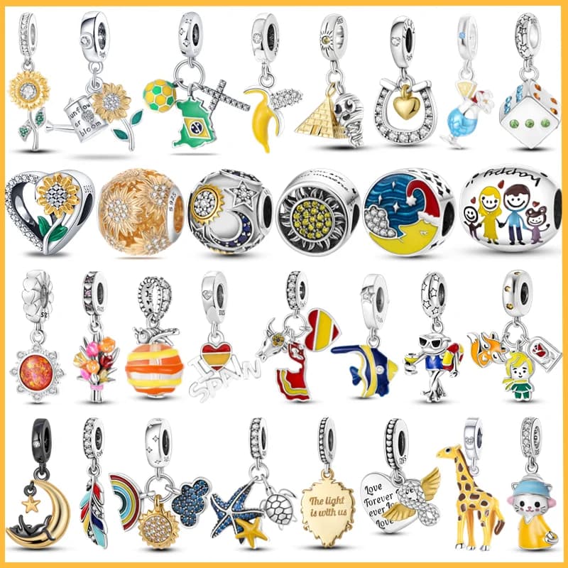Perline in argento sterling 925 con luna gialla, bandiera nazionale del calcio, perline di girasole adatte per la creazione di gioielli con bracciale originale