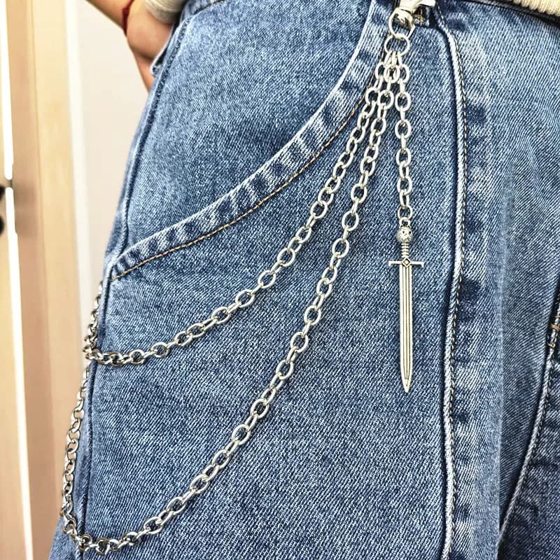 Punk Metallo Croce Spada Jeans Cinture Accessori a catena Ciondolo Pantaloni versatili Catena Portachiavi Cintura in vita Hip-Hop