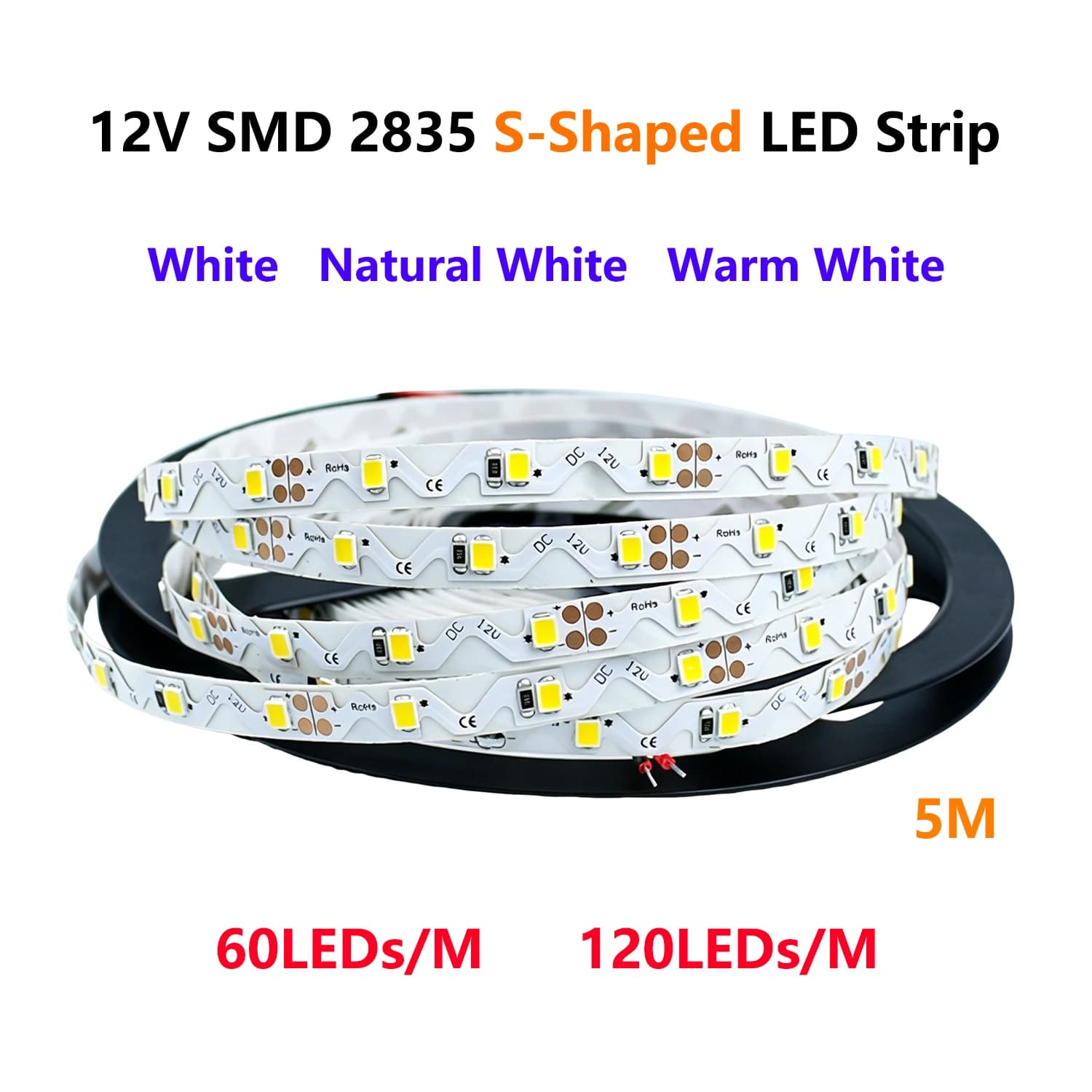 Striscia LED 12V 2835 a forma di S, 60 LED/m, 120 LED/m, 5m, tipo S, flessibile e pieghevole per insegne luminose e cartelloni pubblicitari