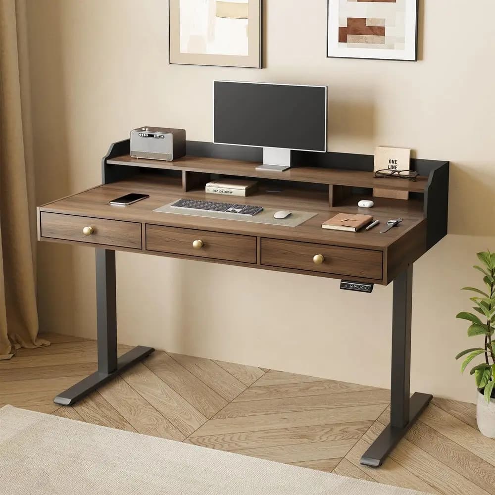 Scrivania regolabile in altezza con 3 cassetti, 47,2 x 26 pollici, con ripiano per monitor, tavolo elettrico regolabile in altezza con spazio di archiviazione