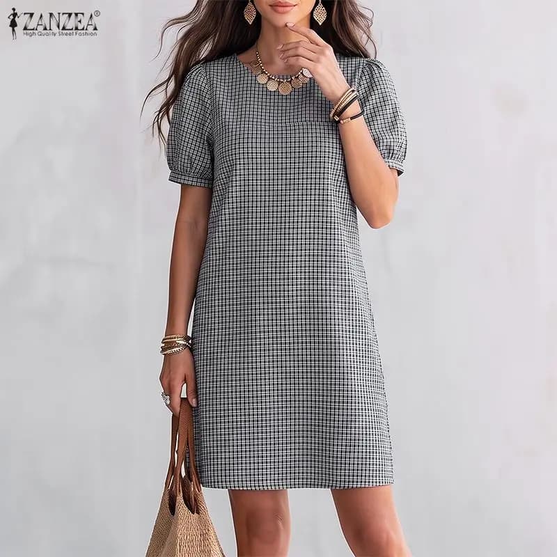 Women Casual Gingham Mini Dress O-Neck Puff Short Sleeves Minimalist Dresses ZANZEA 2026 Summer Office Lady Work Vestidos Mujer