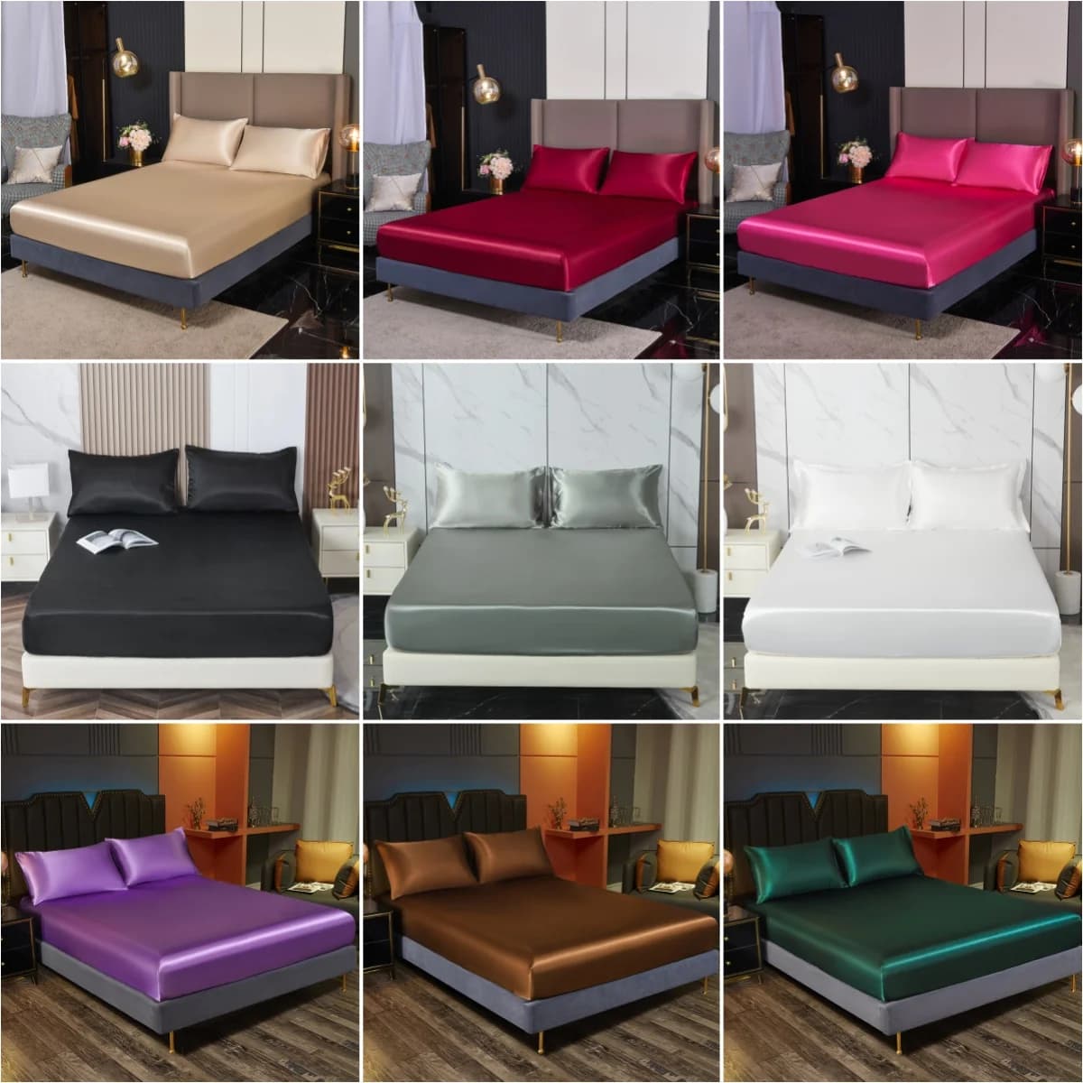 3 pieces Elastic springs for sheet with elastic corners in fashionable satin for mattress cover Bed linen (1 bedsheet + 2 pillowcase)